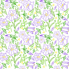 Seamless pattern with meadow flowers bells on a white background, floral ornament.