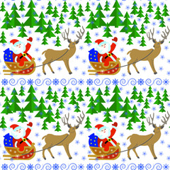 Seamless pattern with Santa Claus in a sleigh with reindeer in the winter forest