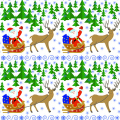 Seamless pattern with Santa Claus in a sleigh with reindeer in the winter forest