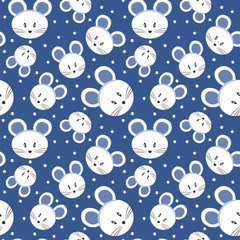 Seamless pattern with white mice on a blue background, drawing faces mouse.