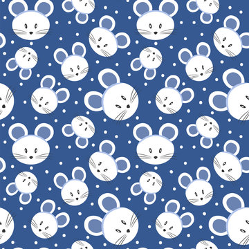 Seamless pattern with white mice on a blue background, drawing faces mouse.