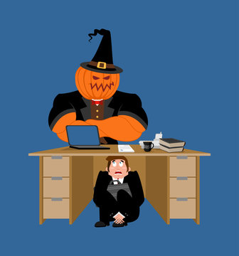 Businessman scared under table of pumpkin. frightened business man under work board. Boss fear office desk. To hide from halloween. Vector illustration