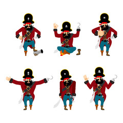 Pirate set poses and motion. filibuster happy and yoga.  buccaneer sleeping and angry. rover guilty and sad. Vector illustration