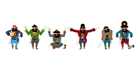 Pirate set poses and motion. filibuster happy and yoga.  buccaneer sleeping and angry. rover guilty and sad. Vector illustration