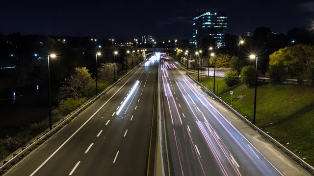 Ultra high definition 4K timelapse of Don Valley Parkway highway at night in Toronto, Canada.