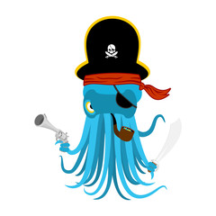 Octopus pirate. devilfish in pirate hat. Saber and gun. Vector illustration