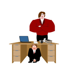Businessman scared under table of wife. frightened business man under work board. Vector illustration