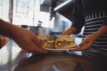 Mid section of waitress giving plate with sandwiches to coworker