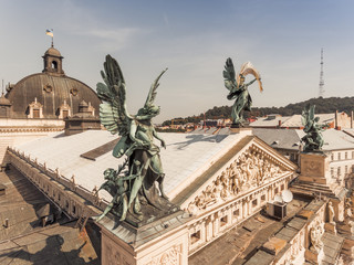 Aerial view of Lvov - city center view, old town, historical center at sunset, Ukraine, Western Ukraine