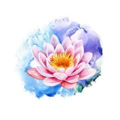Pink lotus. Water lily with abstract background. Watercolor. Illustration. Template