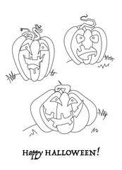 Halloween coloring page with carved pumpkins on the ground