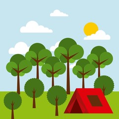 forest outdoor camp tent tree sky sun vector illustration