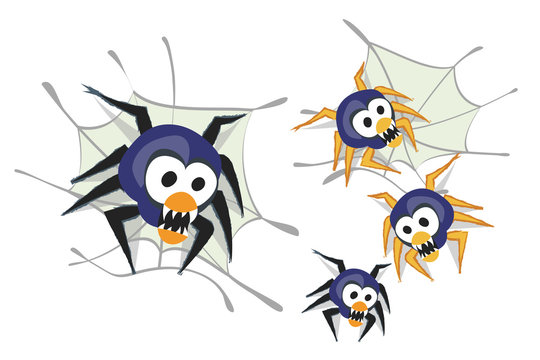 Scary spider with big eyes and sharp teeth sitting on its web, isolated vector