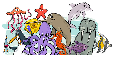 Fototapeta premium Cartoon sea life animal characters group