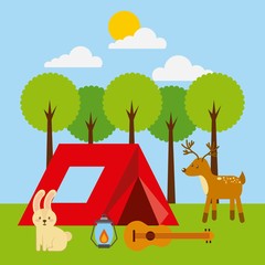 Naklejka premium forest outdoor camp tent animlas guitar and lantern vector illustration