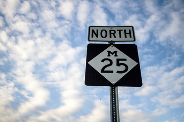 Northbound M 25 In Michigan. Roadside sign for popular M 25 along the Lake Huron coast. The highway travels through the beach towns of Lexington, Port Sanilac, Harbor Beach, Caseville, and Pt. Austin