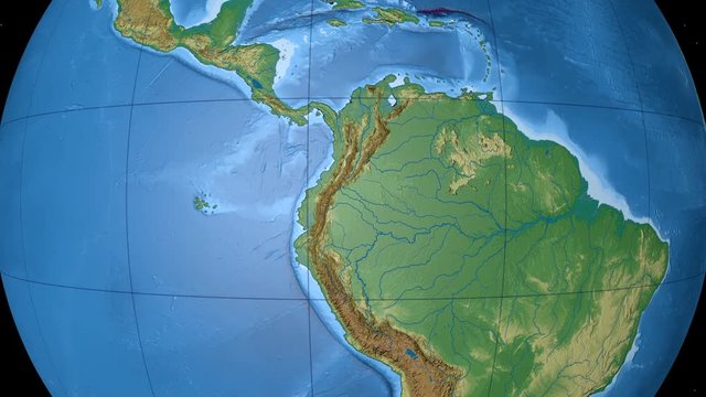 Equator zone. Physical globe with lakes and rivers. Close Up. Loopable
