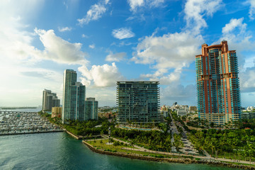 Fototapeta na wymiar Miami. South beach view from the Cruise ship with beautiful sky