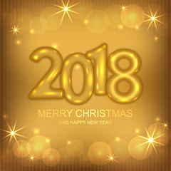 2018 Merry Christmas and Happy New Year card with gold text design and lights. Vector illustration.