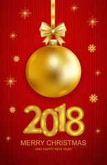 2018 Merry Christmas and Happy New Year card with christmas ball and snowflakes on red knitted texture background.  Gold text design. Vector illustration.