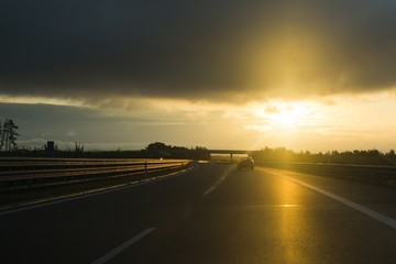 Misty morning sunrise on the road. Slovakia