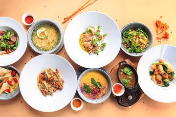 plates with food table a pastel table with copy space, top view