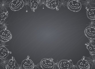 Halloween Poster. Vector illustration of Halloween Background with pumpkins and web on blackboard.