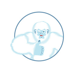 Yeti thumbs up. Bigfoot winks emoji. Abominable snowman cheerful. Vector illustration