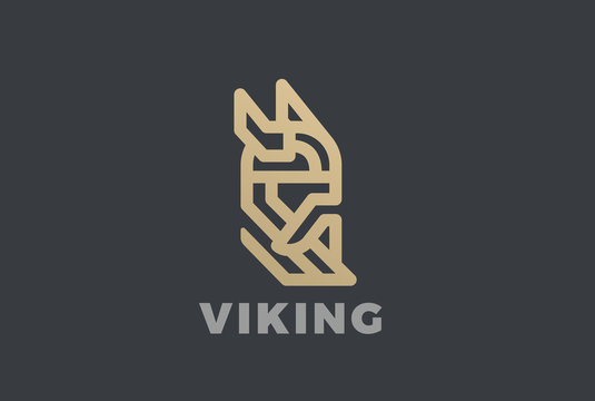 Viking Odin Head Helmet Beard Logo vector Linear vintage icon