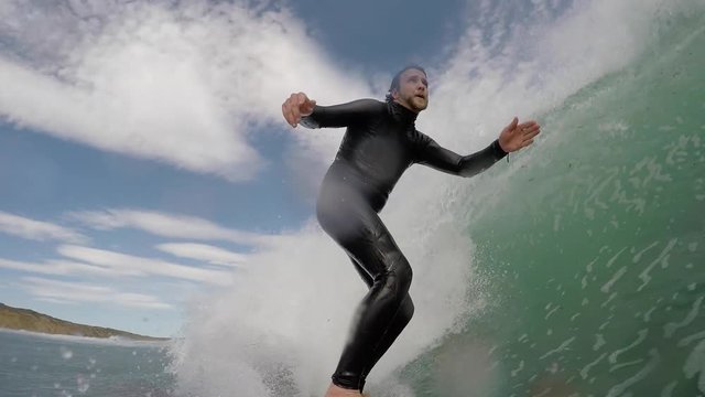 POV, person wipes out on surfboard