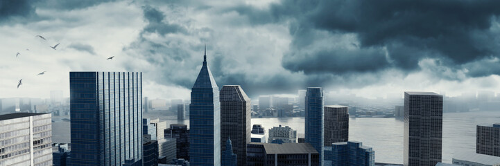 Fototapeta na wymiar Panorama Wolkenkratzer Stadtansicht in der dramatischen Lichtstimmung. 3d Rendering