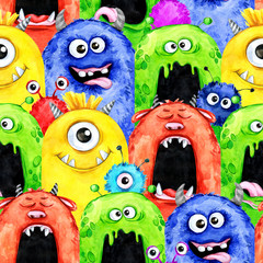 Akwarela bezszwowe wzór z śmieszne głowy potworów. Ilustracja uroczystości Cartoon horror party. Śmieszne zwierzęta. Tło dla dzieci. Może być stosowany w wakacje, projekt urodzin, plakaty, karty. - 171802288