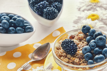 Healthy Breakfast cereals: muesli with fruit, nuts and berries blueberries, blackberries. Selective focus.
