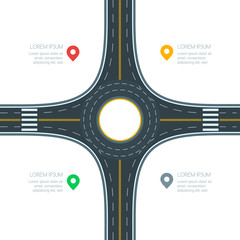 Roundabout road junction, isolated on white background, vector illustration. Infographics template with copy space. Empty asphalt crossroad with marking. Street traffic and transport design template. - 171804228