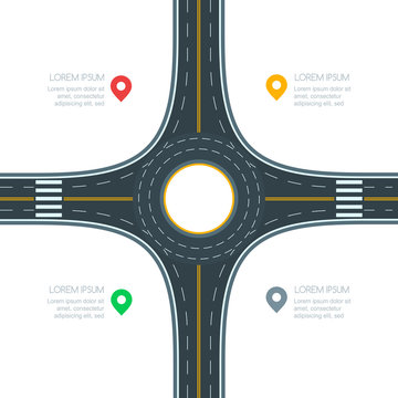 Roundabout road junction, isolated on white background, vector illustration. Infographics template with copy space. Empty asphalt crossroad with marking. Street traffic and transport design template.