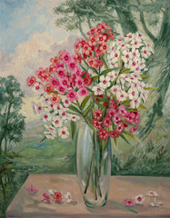 Phloxes, a bouquet in the morning on the window. Flowers phloxes on the window are painted with oil paint on canvas, painting, painting.