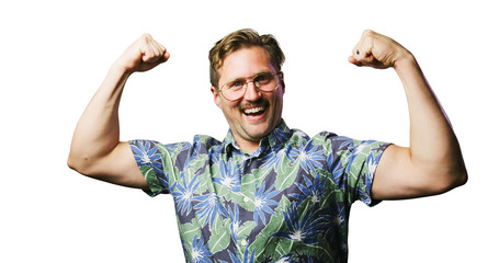 funny retro man with mustache and glasses showing off muscles and smiling