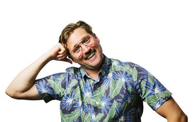 funny retro man with mustache and glasses leaning hand on head