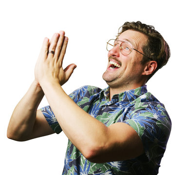 funny retro man with mustache and glasses praying hands folded smile cheesy