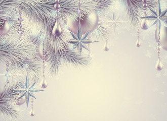 digital illustration, silver balls, stars, vintage christmas tree ornaments, vintage Christmas background, winter holiday, festive greeting card