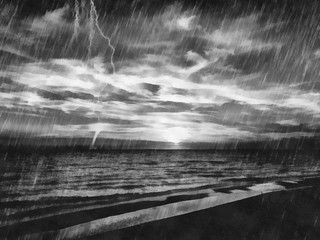 Painted on canvas hand drawn landscape of the storm. Thunderstorm in the sea. Black and white style. Hand drawn painting artwork.
