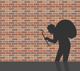 Burglar in front of brick wall, vector