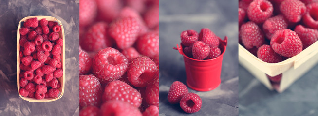 A set of photos of raspberry in soft tones