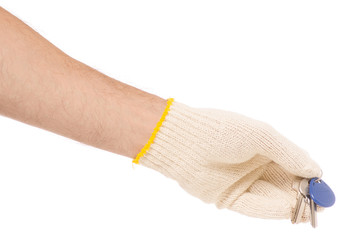 Male hands in construction gloves keys