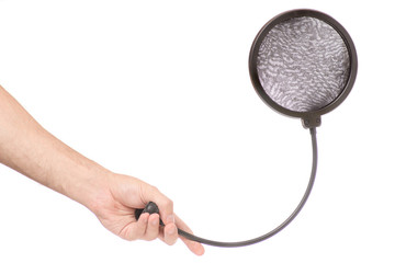 pop filter in a male hand on a white background