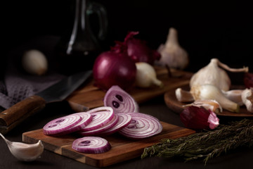 Onion and garlic. Seasonal, organic and healthy food concept. Traditional culinary