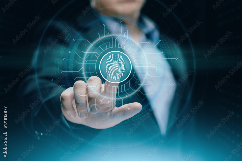 Poster fingerprint scan provides security access with biometrics identification. business technology safety