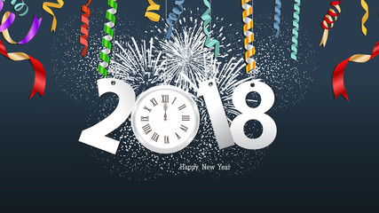 Happy new year 2018 confetti clock celebration. Greeting decoration