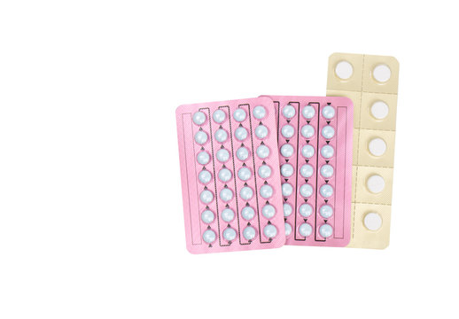 Hormone Pills For Treatment Menopausal Woman On White Background With Copy Space. Hormone Replacement Therapy Concept.