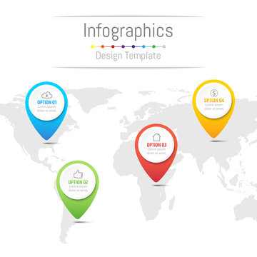 Infographic design elements for your business data with 4 options, parts, steps, timelines or processes, navigation pin concept. Vector Illustration. World map of this image furnished by NASA